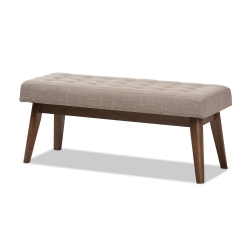 Baxton Studio Elia Mid-Century Modern Walnut Wood Light Grey Fabric Button-Tufted Bench